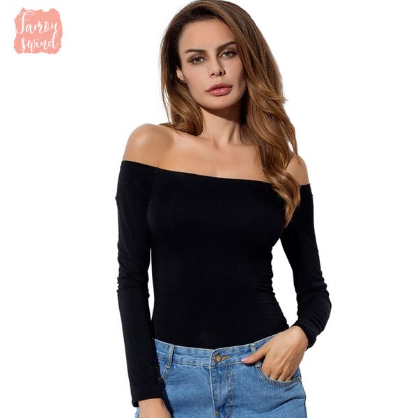 

shirts off the shoulder tee women spring new long sleeve cotton for women casual t shirts solid color, White
