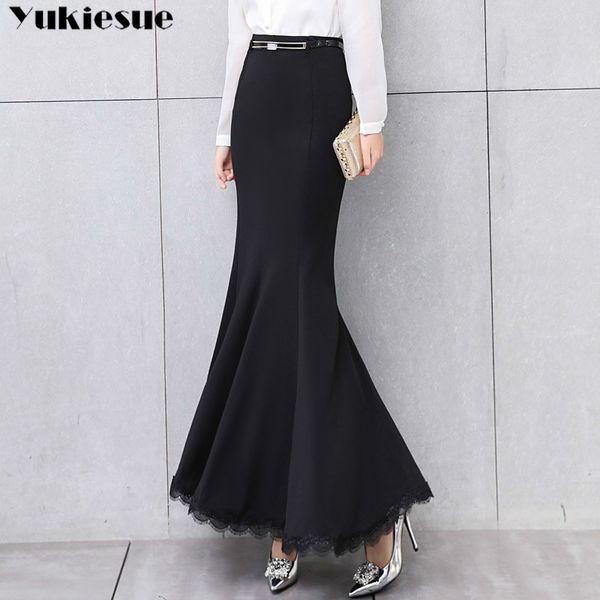 

elegant long skirt women lace trumpet mermaid vintage skirts womens bodycon high waist skinny ruffles female midi skirts jupe, Black;gray
