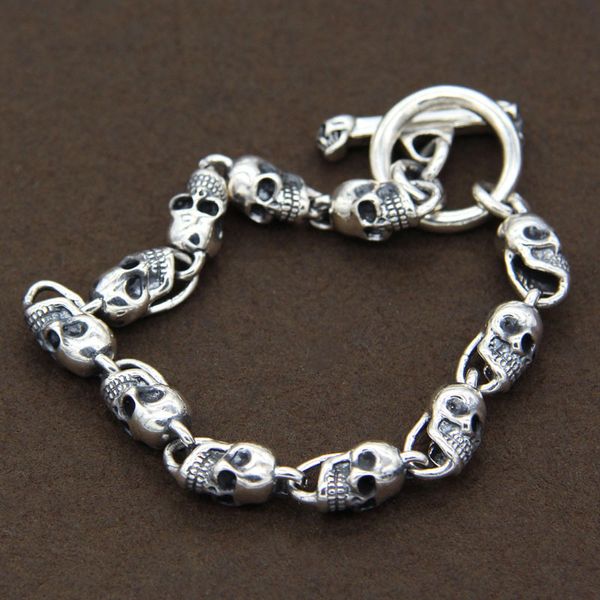 

s925 sterling silver retro thai silver skull personality domineering male and female bracelets, Golden;silver
