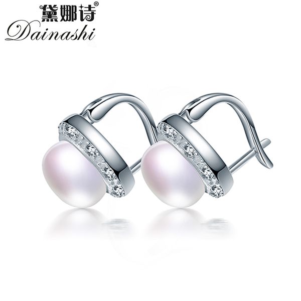 

dainashi 925 sterling silver zircon earrings 100% genuine natural freshwater pearl stud earrings for women, Golden;silver