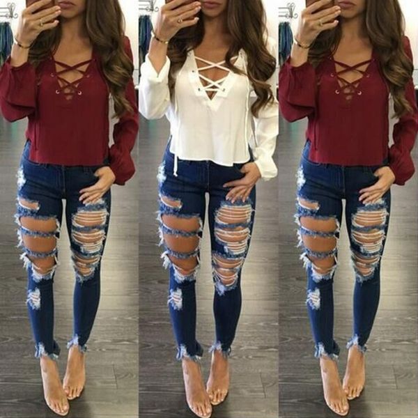

skinny boyfriend hole ripped jeans women pants cool denim fashion straight jeans for girl mid waist casual pants female stretch, Blue