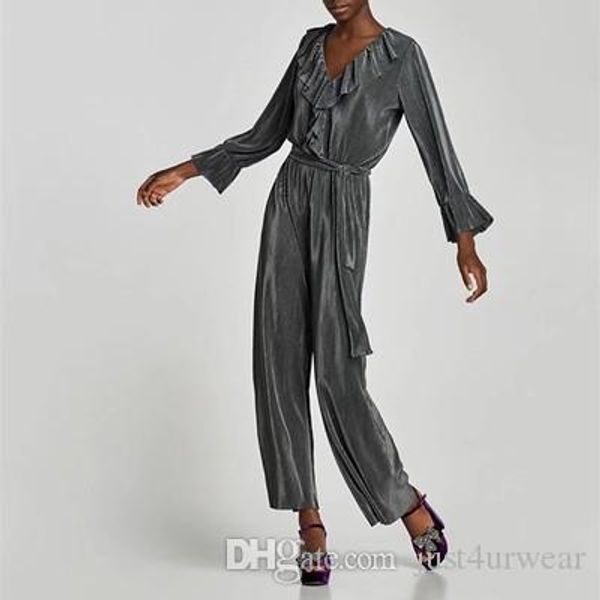 

women fashion seasons pleated jumpsuits v neck high waist casual female rompers sell suits clothing, Black;white