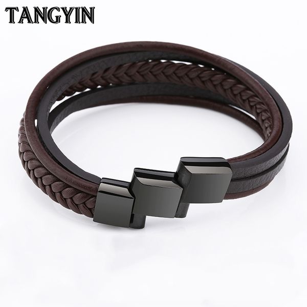 

tangyin new fashion multilayer braided leather bracelet men stainless steel magnetic clasp bangles fashion punk male men jewelry, Golden;silver