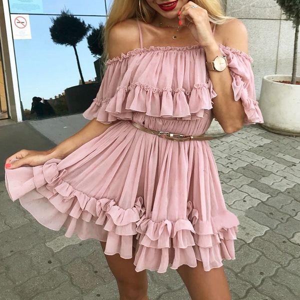 

shoulder off strap chiffon summer dresses women ruffle pleated short dress pink elegant holiday loose beach mini dress designer clothes, Black;gray
