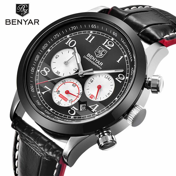 

relogio masculino benyar fashion chronograph sport mens watches brand luxury quartz military watch male erkek kol saati, Slivery;brown