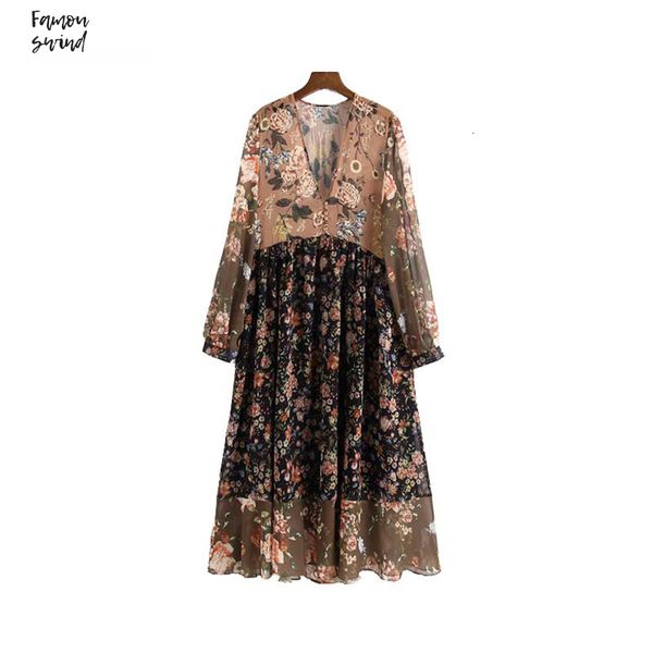 

dress female v neck chiffon pleated see through long sleeve vintage women chic mid calf dress vestidos qa763, Black;gray