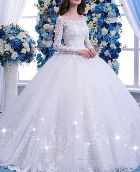 

2019 new fashion lace ball gown wedding dresses scoop neck long sleeves tiered tulle court train applique wedding dress bridal gowns, White
