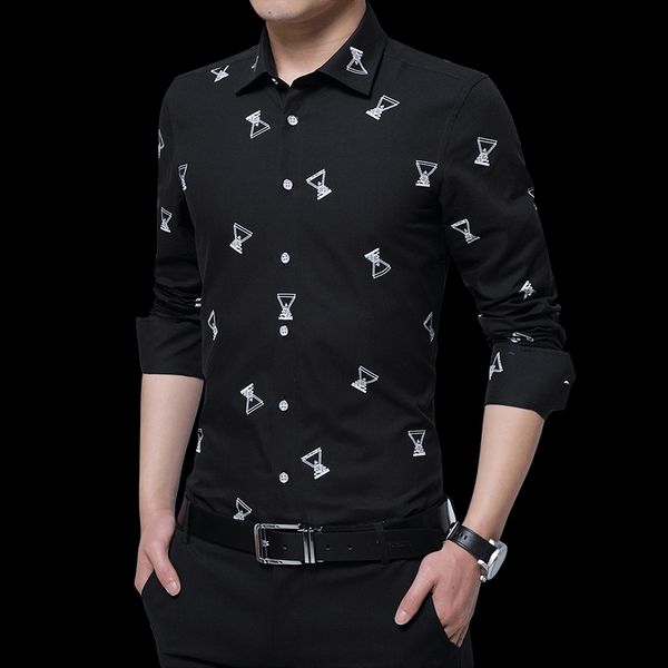

men's casual shirts 2021 men shirt long sleeve slim fit print male 5xl, White;black