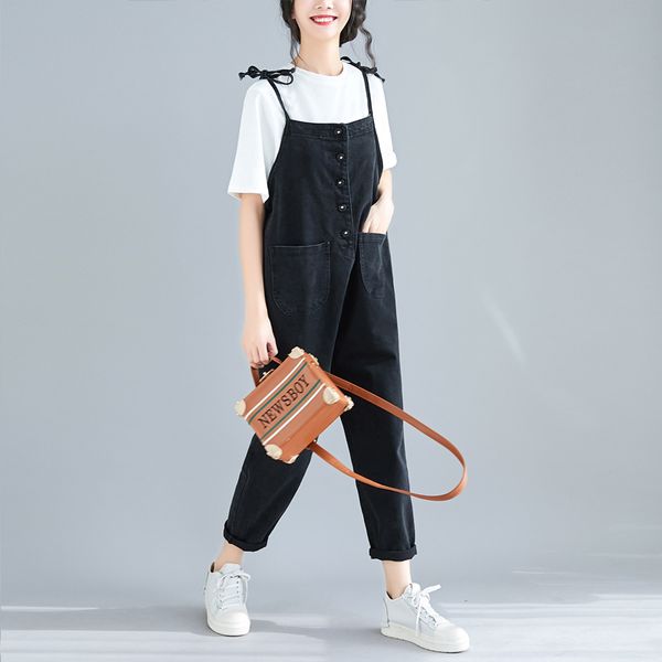 

4xl 3xl large size 2019 new denim jumpsuits pocket rompers loose women fashion casual denim overalls harlan jumpsuits mori girl, Black;white