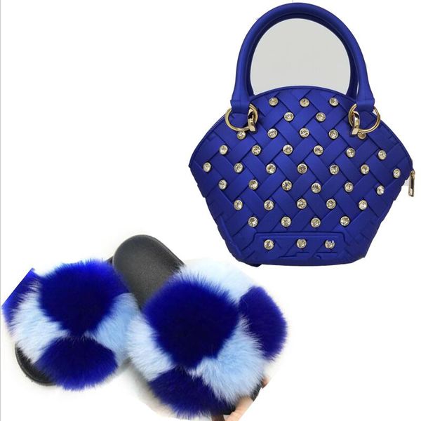 

дамы меха тапочки мода rhinestone сумки симпатичные пушистые тапочки real fur слайды лета женщин шлепанцы сумки набор сандалии, Black