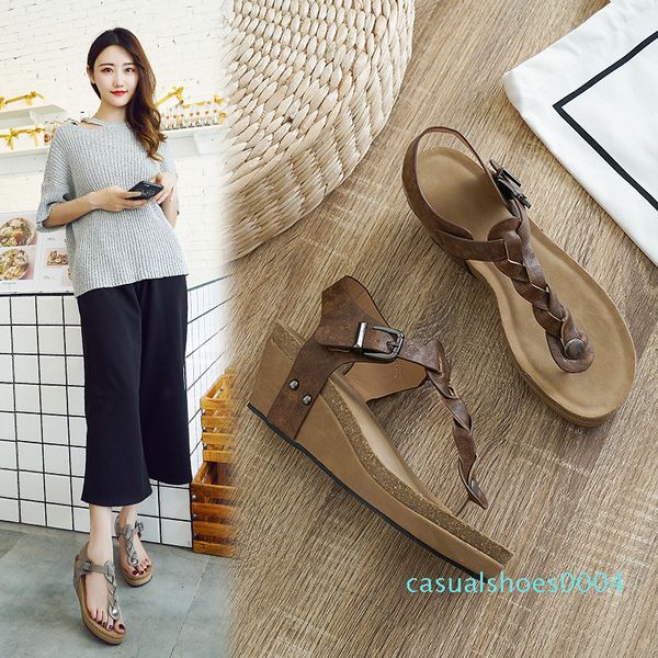 

2020 new wedge heel national wind thick bottom comfortable large size clip toe vacation roman cool shoes female c04, Black