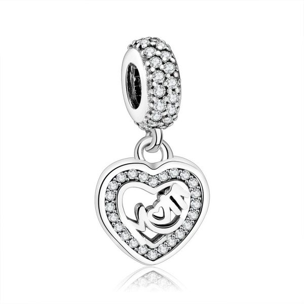 925 Sterling Silver "Mom" in Beaded Heart Charm
