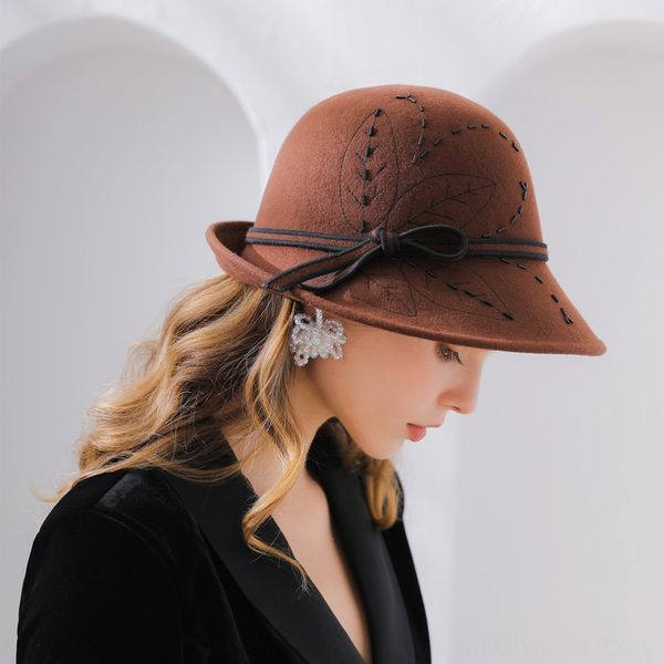 

huaqiao embroidery handmade beads embroidered bead felt curling woolen ladies felt hat round curling hat, Blue;gray