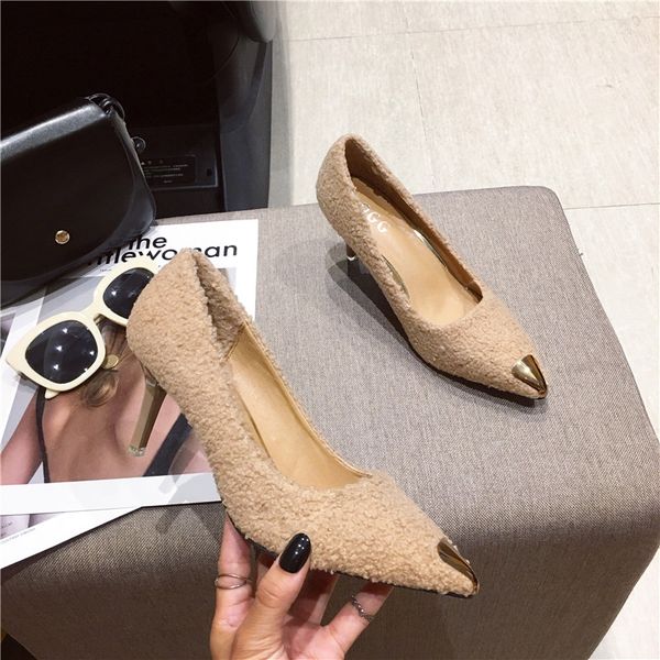 

2020 spring luxury women black nude high heels pumps stiletto designer herls furry lady pointed toe party shoes tacones mujer