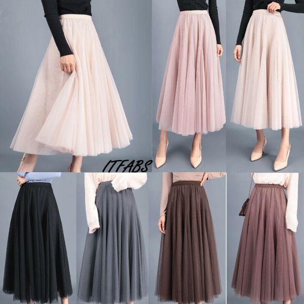 

сша женщины высокая талия кружева сетки тюль цветочные длинные юбки дамы слоистые макси платье, Black