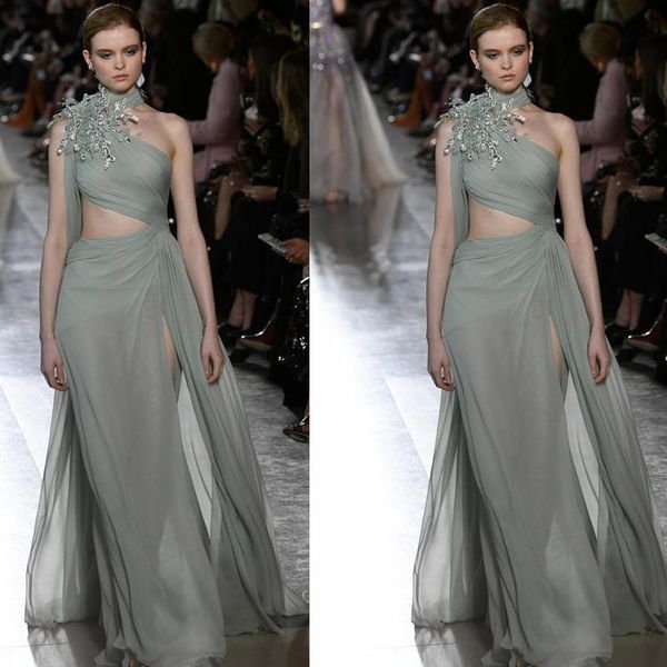 

elie saab evening dresses chiffon halter high split red carpet pageant gowns new prom dress runway fashion dress, Black;red