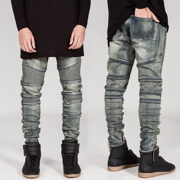 

2017 new fashion men jeans denim pencil pants slim punk distressed frayed biker jeans brief male trousers vintage plus size, Blue