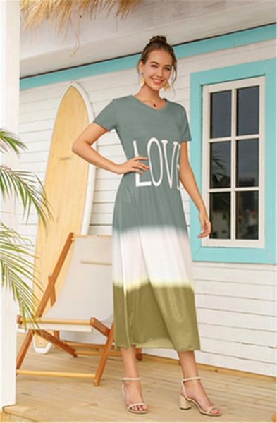 

gradient short sleeve long dress women fashion trend letter printed beach dress round neck soft comfortable casual ladies dresses clothing, Black;gray