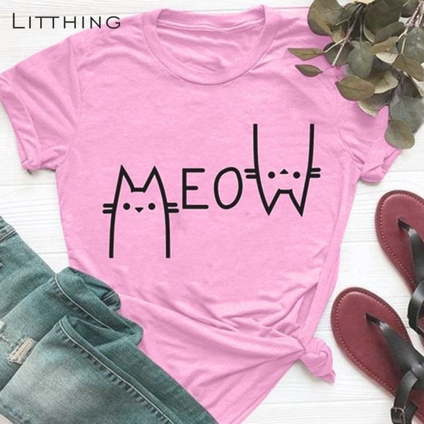 

litthing cat мультфильм женская футболка с коротким рукавом для девочек harajuku футболка повседневная прекрасная футболка с принтом топы фу, White
