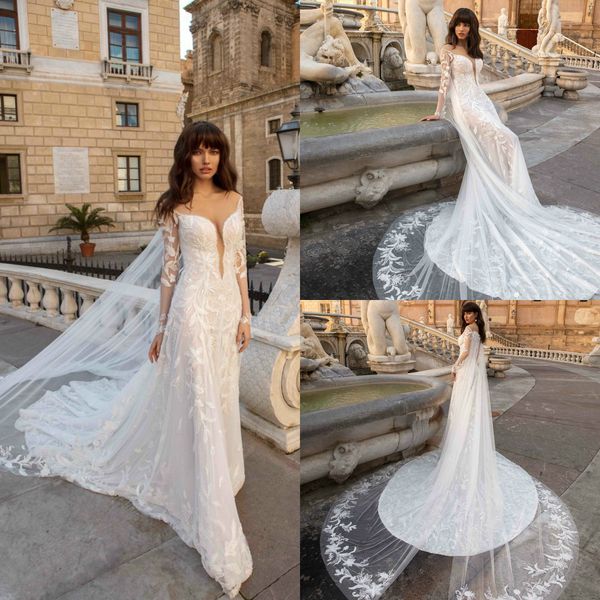 

2019 innocentia divina country wedding dresses with wrap lace appliqued long sleeves bridal gowns sweep train plus size wedding dress, White