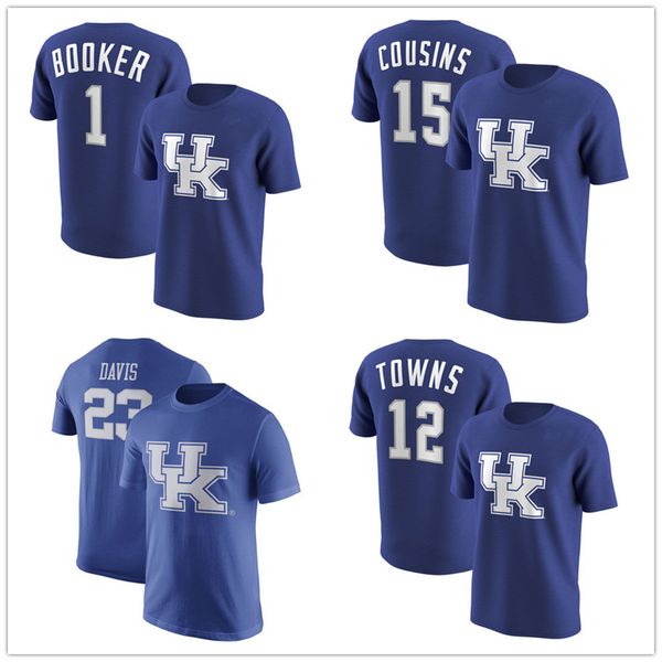 

#23 anthony davis 2019 ncaa kentucky wildcats #1 booker #15 cousins #12 towns college basketball jersey blue fans tee printed logos, Black