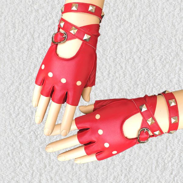 

new women rivet belt punk cool gloves personality nightclub disco dancing women' cutout fingerless pu leather gloves, Blue;gray