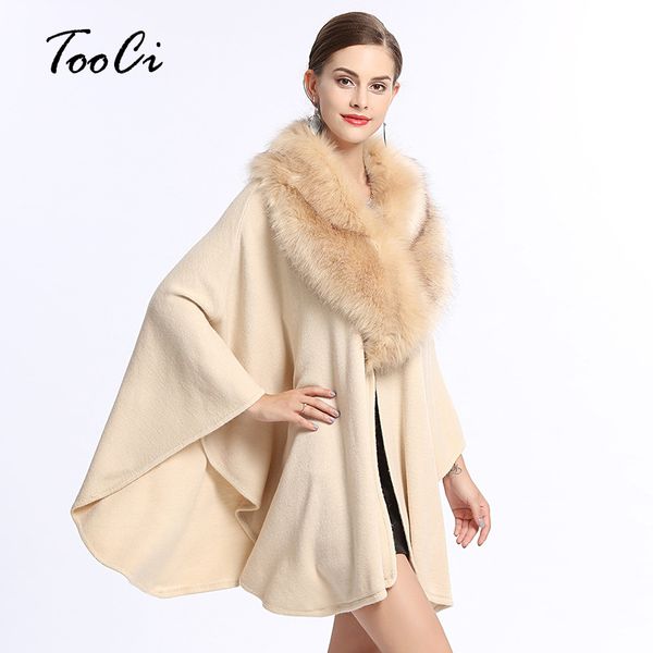 

fashion autumn and winter new women shawl cloak lady fake fox fur big collar loose knit poncho cardigan sweater, Black