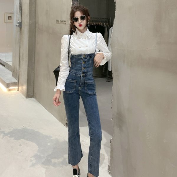 

nana fashion womens retro french shirt high waist strap horn jeans net red goddess fan suit, Blue