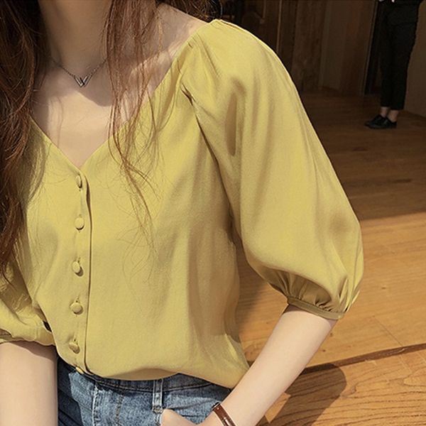 

women's blouses & shirts summer women puff sleeve blouse ruffle streetwear korean v neck solid shirt, White