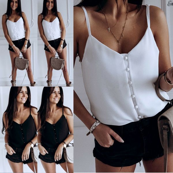 

2019 women fashion summer casual tank vest blouse sleeveless crop shirt lot button spaghetti strap sleeveless, White