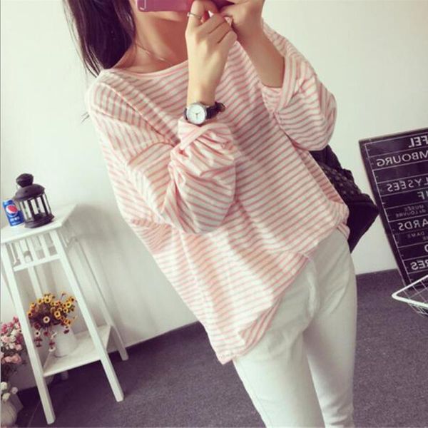 

spring autumn new style women t-shirt fashion striped color long sleeve o neck cotton t shirt femme casual loose women, White