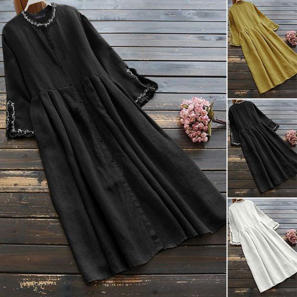 

vintage shirt dresses women embroidery sundress zanzea 2020 casual flare sleeve midi vestidos female button robe plus size 5xl, Black;gray