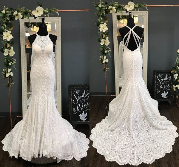

lace mermaid wedding dresses real p halter ruched criss-cross back court train wedding dress bridal gowns cheap, White
