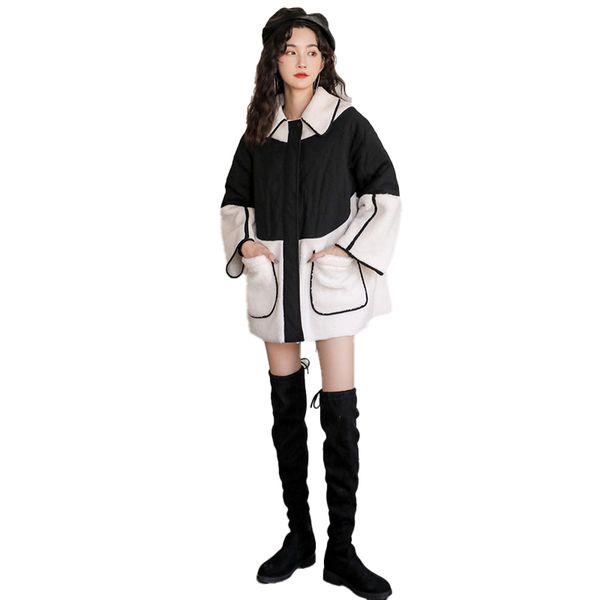 

winter women coat new korean fashion stitching temperament cotton coat high-quality thick loose warm wild jacket female x023, Black
