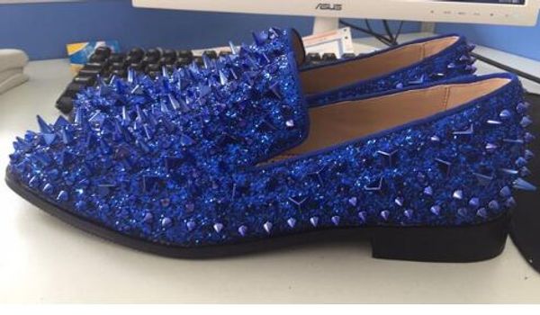 

men shoes slip-on loafers men glitter spiked shoes royal blue dandelion flats wedding shoes for men eu39-eu46, Black