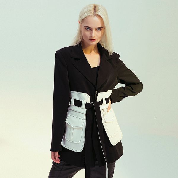 

patchwork hit color jackets for women notched collar long sleeve high waist lace up coats female fashion 2019 tide, White;black