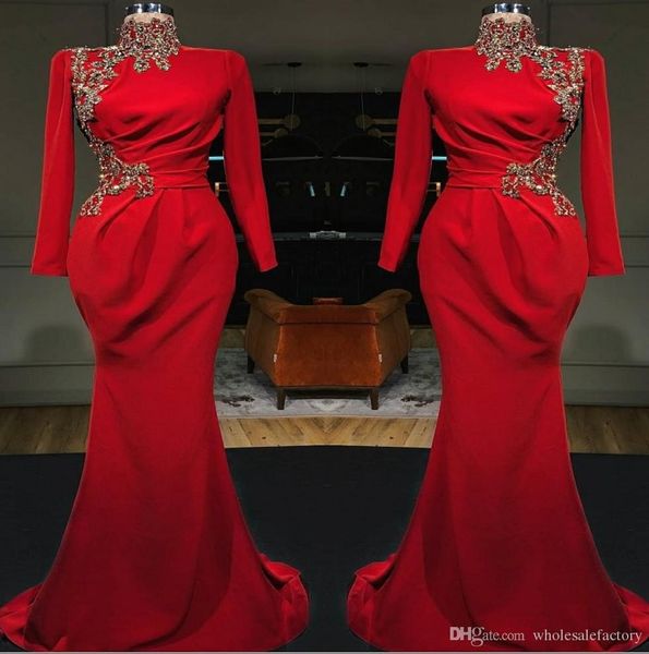

new fashion red arabic high neck mermaid prom dresses long sleeves satin ruched lace applique formal dress evening party wear ogstuff, Black