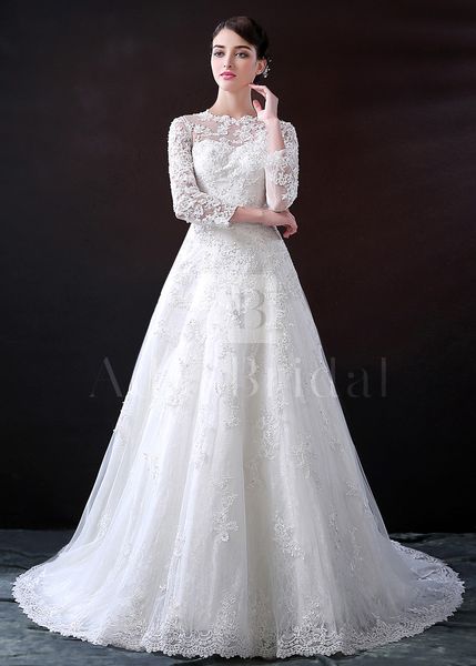 

элегантный-line с длинным рукавом кружева свадебные платья с кнопками белый пользовательские развертки поезд тюль свадебные платья для женщи, White