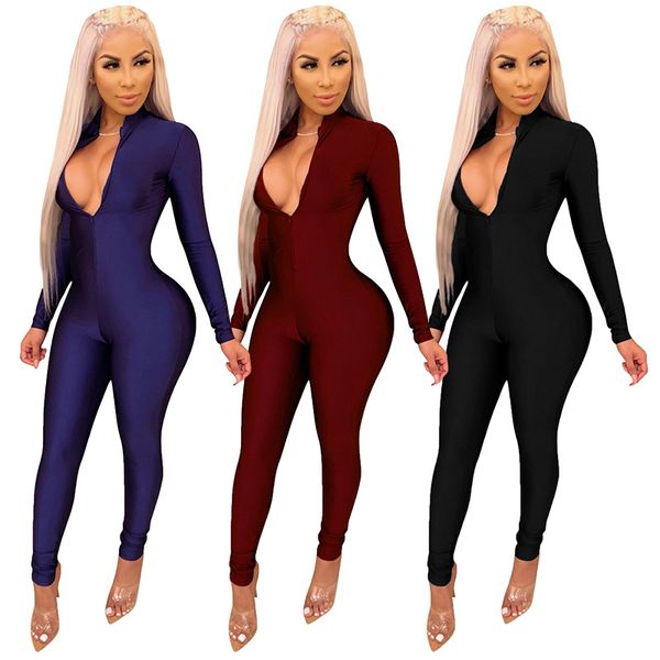 

elegant women jumpsuits long sleeve bodycon v neck bodysuit woman romper new fashion playsuit overalls, Black;white