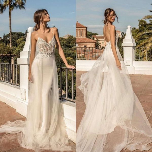 

fashion beaded mermaid lace wedding dresses spaghetti straps backless bridal gowns sweep train plus size trumpet overskirt robe de mariÃ©e, White