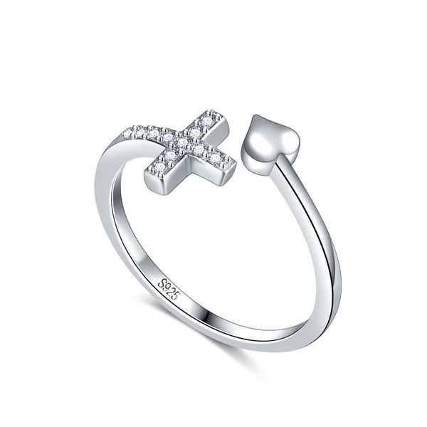 

new design adjustable cross ring woman solid 925 sterling silver charm heart shaped ring wedding jewelry valentine's day gift