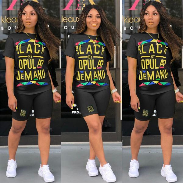 2020 Women Two Piece Shorts Sets Black Smart Letters T Shirts