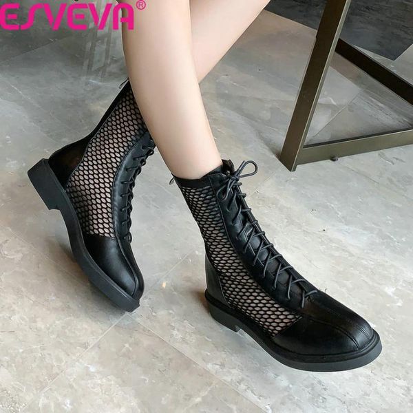 

esveva 2020 casual round toe summer cool boots lace up zipper women pumps mesh pu leather square low heel ladies shoes size34-43, Black