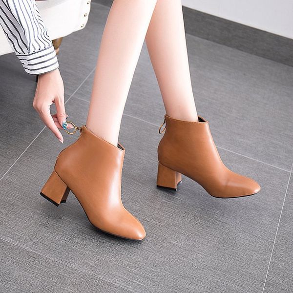 

2019 new women's high heels boots pu shoes woman square head solid color rear zipper women's winter boots size 34-39, Black