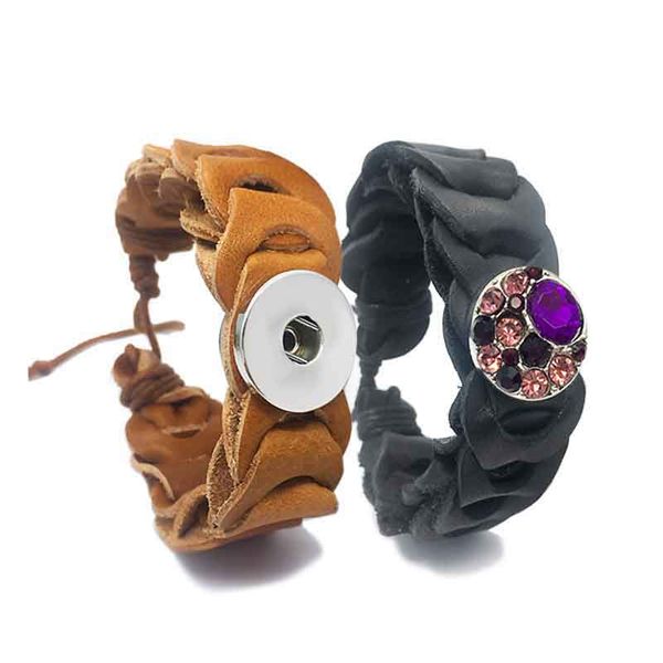 

stretchable 149 hand woven really genuine leather retro fashion bracelet 12mm 18mm snap button charm jewelry for women gift, Golden;silver