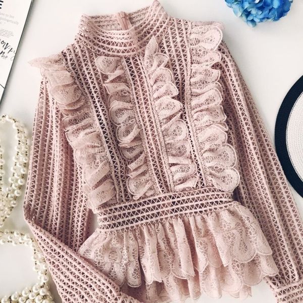 

women womens blouses sweet hollow lace shirts stand collar spliced lace pleated blouses 3d lotus decor multi long sleeved ol, White