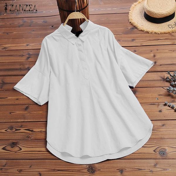 

zanzea stylish lapel neck blouse women short sleeve back lace up shirt elegant solid tunic female cotton linen blusas robe, White