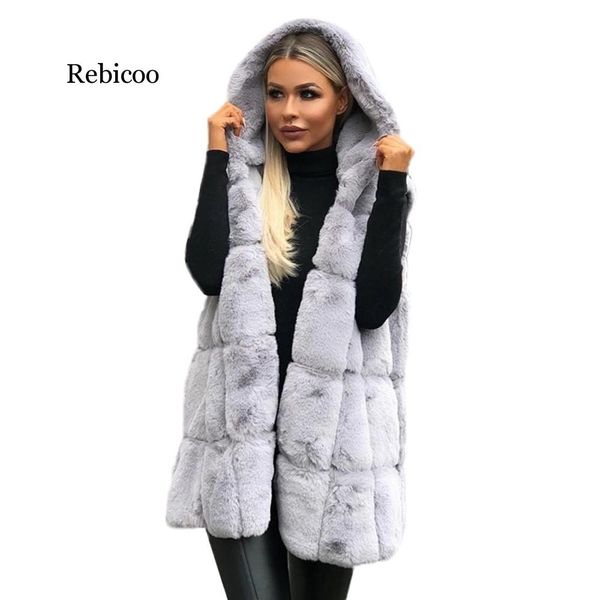 

women winter thicken fluffy plush vest open front hooded mid-length waistcoat oversized loose solid color jacket outwear s-2xl, Black;white