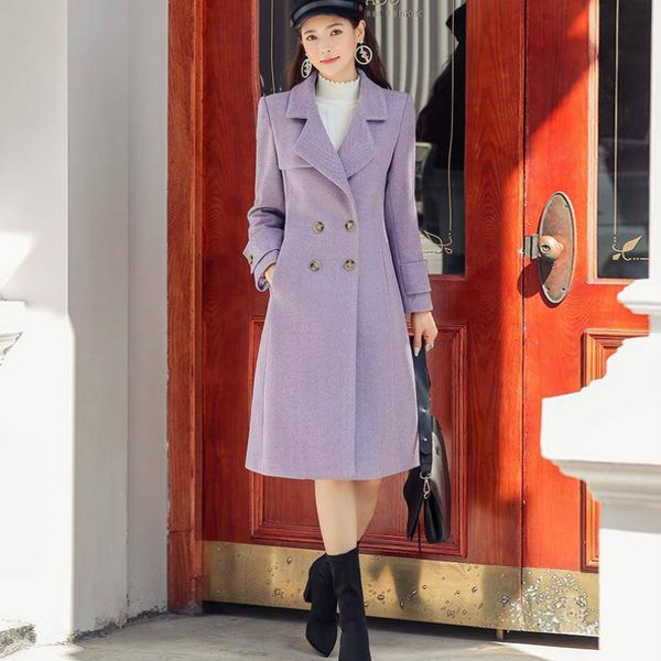 

long women woolen jacket purple slim woolen coat female overcoat, Black