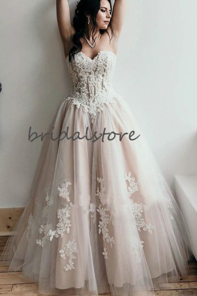 

elegant champagne wedding dresses boho sweetheart appliques garden country wedding dress lace up strapless civil bridal gowns a line 2020, White
